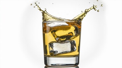 Frosted glass of whiskey with bubbles and ice, isolated drink close-up