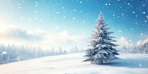 Wall Mural - snowy field with a single pine tree under a serene blue sky, softly illuminated by morning light