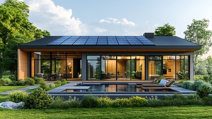 Eco friendly modern house surrounded by lush greenery with solar panels for green picture