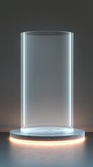 Poster - A tall, clear glass vase sits on a white marble pedestal