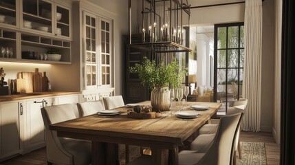 A modern farmhouse dining room with a large wooden table, white chairs, and a chandelier. The room is decorated with greenery and plants. There is a view of a living room through a doorway.