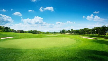 A stunning view of a golf course set against the backdrop of majestic mountains and a clear blue sky, showcasing the natural beauty and serene environment perfect for a day on the greens.

 