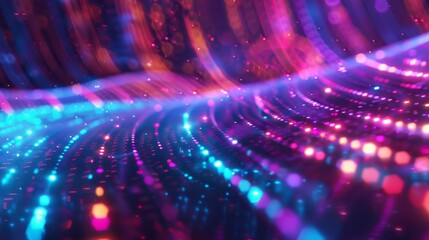 Wall Mural - Abstract digital background featuring colorful, flowing light trails in pink, blue, and purple with dotted and bokeh effects. The glowing texture creates depth and motion on a dark backdrop