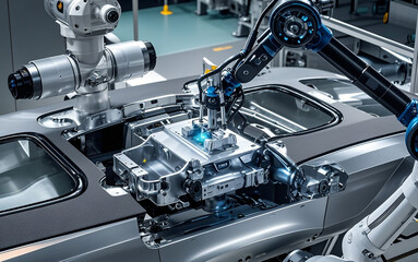 Artificial intelligence and advance robotic system with robotic arms to manufacture vehicles and cars; high tech robotic arms facilitation manufacturing and production in a smart factory assembly