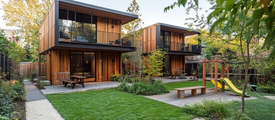 Two modern wooden houses with balconies and a playground in the backyard.