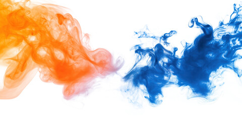 Poster - Vibrant chemical reaction with blue and orange hues. Blue gas cloud and orange solid interact. isolated transparent background highlights colors. Elevated angle shows comprehensive view of reaction.