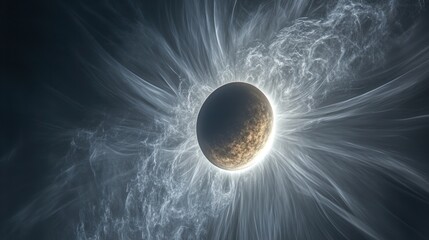 A glowing celestial body with a ring of light and smoke.