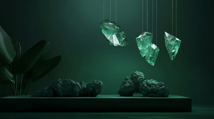 Floating crystals in mystical green light