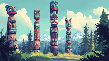 Towering totem poles, pacific northwest native art. Indigenous Totem Poles. Illustration