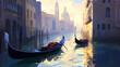 © Thiago - Venice canals with gondolas atmospheric landscape , oil painting style illustration. Venetian Gondolas. Illustration