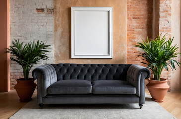 Classic interior design of modern living room. Classical grey sofa and two clay pots with home plants near brick wall with blank mock up frame.