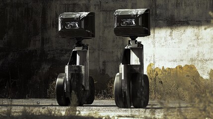 Two robots standing by a concrete wall