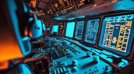 Poster - Explore the advanced technology of a high-tech flight control room with multiple glowing displays and instruments
