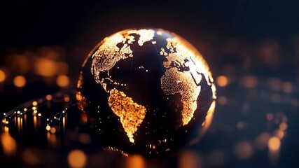 Wall Mural - global network lights glowing on digital earth globe, world data connectivity, gold on black backgro