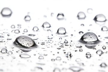Fototapete - Small, round water droplets scattered across white background. Varying sizes, even distribution. Slightly elevated angle, clear view of droplets. Text objects, constant droplet positions, symmetry.
