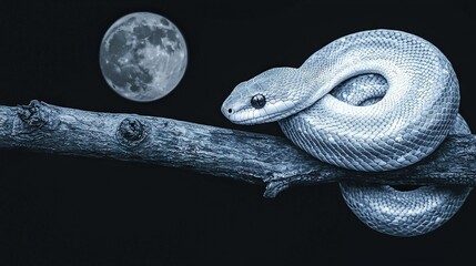 Poster -   A focused photo of a snake on a branch beneath a full moon and a tree branch in front