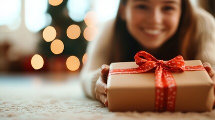 A smiling person joyfully holds a gift with a bright red bow against a backdrop of festive lights, capturing the essence of cheerful holiday spirit and gratitude.