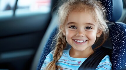 A charming young girl with a braid and bright smile sits comfortably in a car seat, exuding joy and innocence. Sunlight highlights her happy expression.