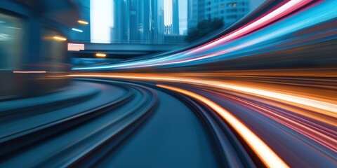 Fototapete - Futuristic Tunnel with Neon Light Trails and Motion Blur