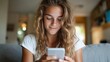 © Pinklife - A young girl with curly hair sits pleasantly smiling as she uses her mobile phone, encapsulating a moment of connection and technology in a casual setting.