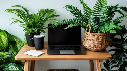 Aufkleber - Create a serene minimal modern home office setup with a laptop notebook and lush green plants for inspired productivity