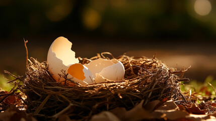 Wall Mural - Empty bird nest with single broken eggshell, surrounded by autumn leaves, evokes sense of nature cycle and fragility. soft light highlights delicate details