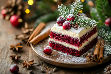 Wall Mural - A slice of red velvet cake garnished with cranberries and pine, perfect for festive celebrations.