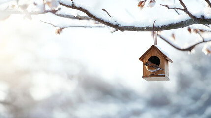 Wall Mural - small bird perched near empty birdhouse in snowy winter garden, creating serene and peaceful atmosphere