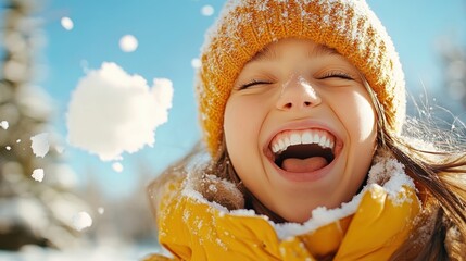 In this image, a woman dressed warmly in yellow bursts with laughter, enveloped in snowflakes, embodying happiness, winter fun, and personality amid nature.