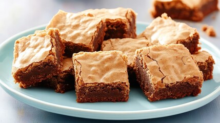 squares of blond brownies on a light blue plate, kitchen scene,  