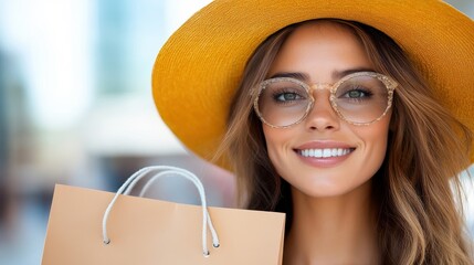 Wearing a yellow hat, the woman is smiling broadly while holding a shopping bag, embodying style and happiness on a leisurely day in the urban outdoors.