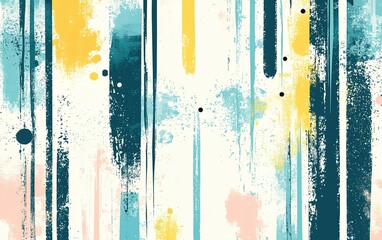 Poster - Colorful abstract artwork featuring vertical brush strokes and splashes in blue, yellow, and pink on a light background