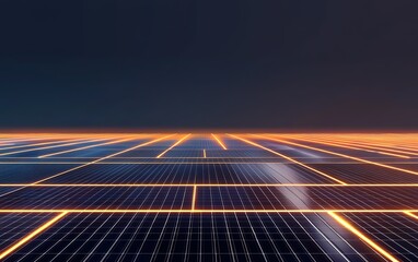 A futuristic grid of solar panels illuminated by a vibrant glow at dusk, showcasing renewable energy innovation and technology