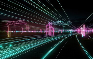 Poster - Vibrant neon light trails illuminate train tracks at night in an urban setting