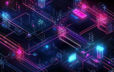 Poster - Futuristic neon cityscape with vibrant lines and shapes glowing against a dark background