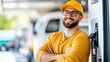 © Pinklife - A happy man in a yellow cap and shirt leans against a refueling pump, capturing the positive mindset and customer service reliability typical of modern fueling stations.