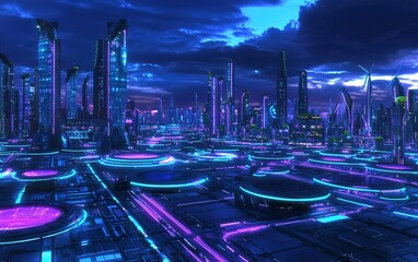 Poster - Futuristic cityscape illuminated by neon lights at twilight, showcasing towering skyscrapers and advanced technology