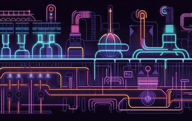 Poster - A vibrant illustration of interconnected pipes and machinery in a futuristic industrial setting against a dark backdrop