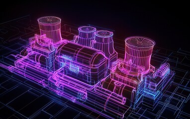 Poster - A vibrant holographic representation of a complex industrial machine in a dark space showcasing intricate details and futuristic design