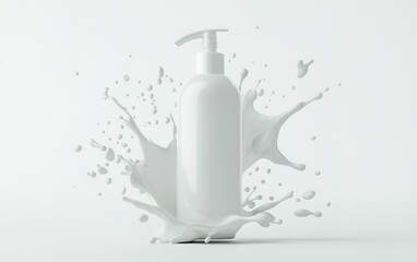 A white cosmetic bottle splashes milk-like liquid in a clean and modern setting showcasing simplicity and elegance