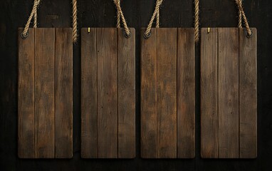 Poster - Four rustic wooden boards hanging from ropes against a dark background in a workshop setting, perfect for signage or decoration