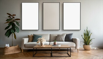 Mock up empty posters on the wall. Modern living room interior. Wooden floor and stylish furniture. Concept of contemporary design.