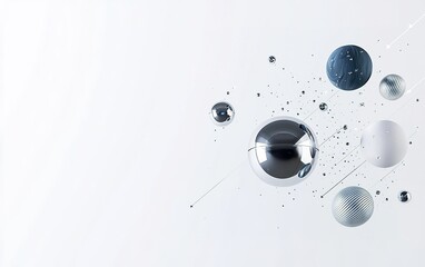 Poster - Abstract composition of floating metallic spheres with various textures and sizes on a minimalistic background