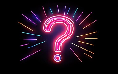 Poster - a vibrant neon question mark glowing against a dark background with colorful bursts of light radiati