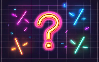 Poster - Bright neon question mark illuminated against a dark grid background featuring colorful sparks