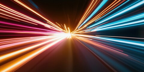 Fototapete - A motion blur of colourful vehicle lights on a highway or interstate, with a speed technology high energy vibrant futuristic look