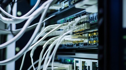 Poster - Closeup of server rack with white cables.
