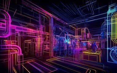 Poster - Neon-lit futuristic cityscape showcasing intricate digital lines and glowing structures at night