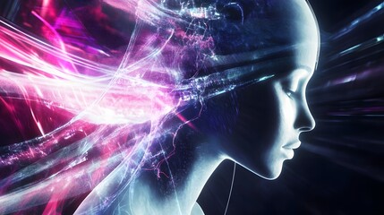 Poster - Silhouetted female figure surrounded by vibrant streaks of light.