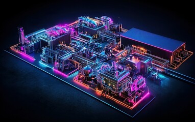 Poster - A vibrant neon-lit industrial complex showcasing modern technology and intricate machinery at night
